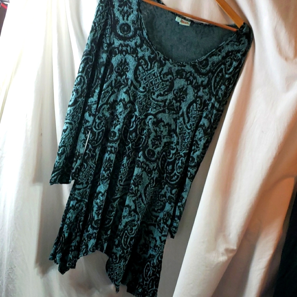 Tianello Textured Jaquard Asbury Black Teak Tunic Blouse Dress Asymetrical Hem S
